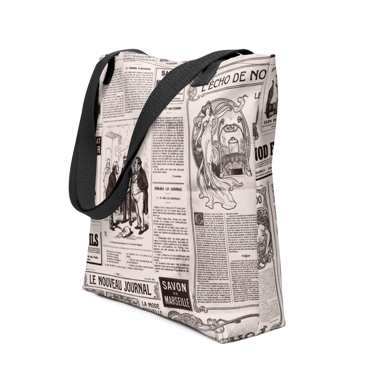 L'Echo-Nouveau-parisian-newspaper-vintage-all-over-print-tote-bag-black-15x15-front-view-Dreamy Phoenix