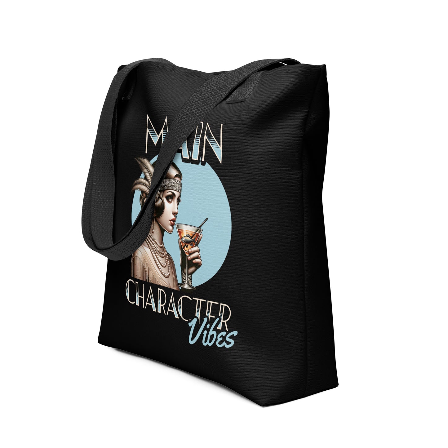 Main-Character-Vibes-20s-edition-all-over-print-tote-bag-black-15x15-front-view-Dreamy Phoenix