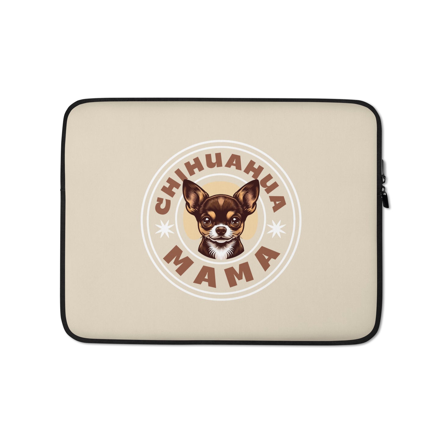 Front view of brown Chihuahua Mama 15" laptop sleeve - cute brown chihuahua in white circle with zip close.