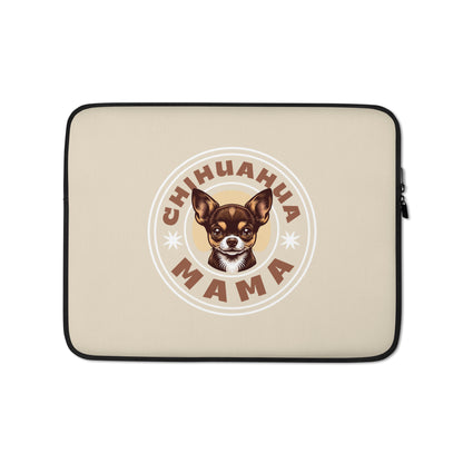 Front view of brown Chihuahua Mama 15" laptop sleeve - cute brown chihuahua in white circle with zip close.