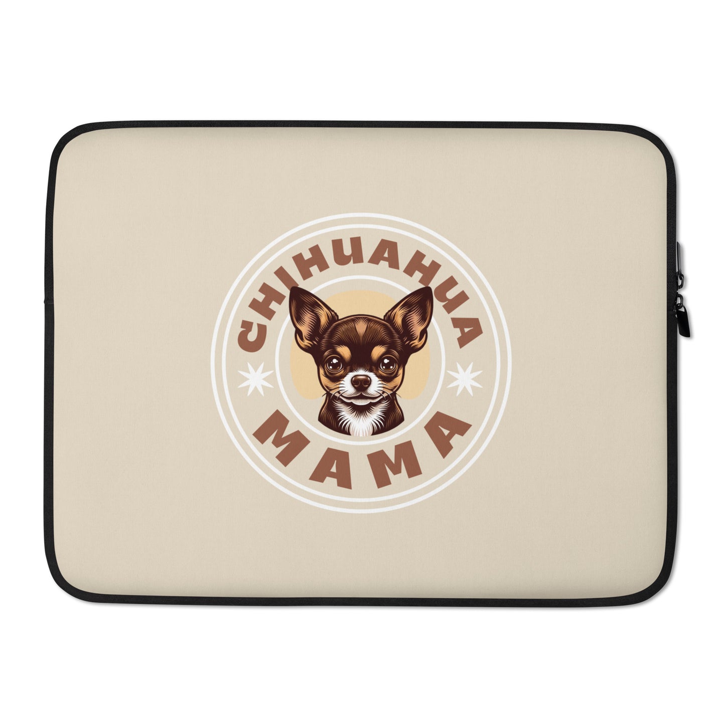 Front view of brown Chihuahua Mama 17" laptop sleeve - cute brown chihuahua in white circle with zip close.