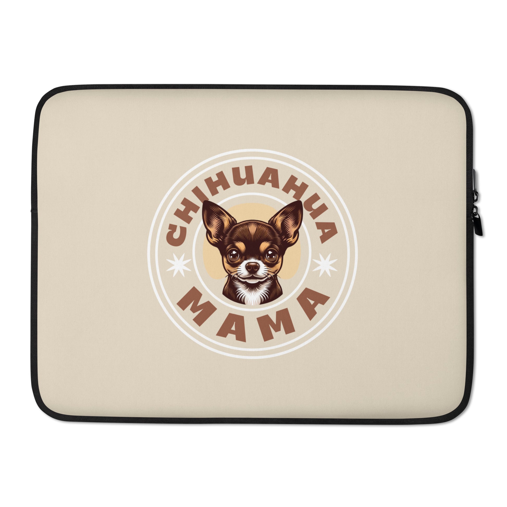 Front view of brown Chihuahua Mama 17" laptop sleeve - cute brown chihuahua in white circle with zip close.