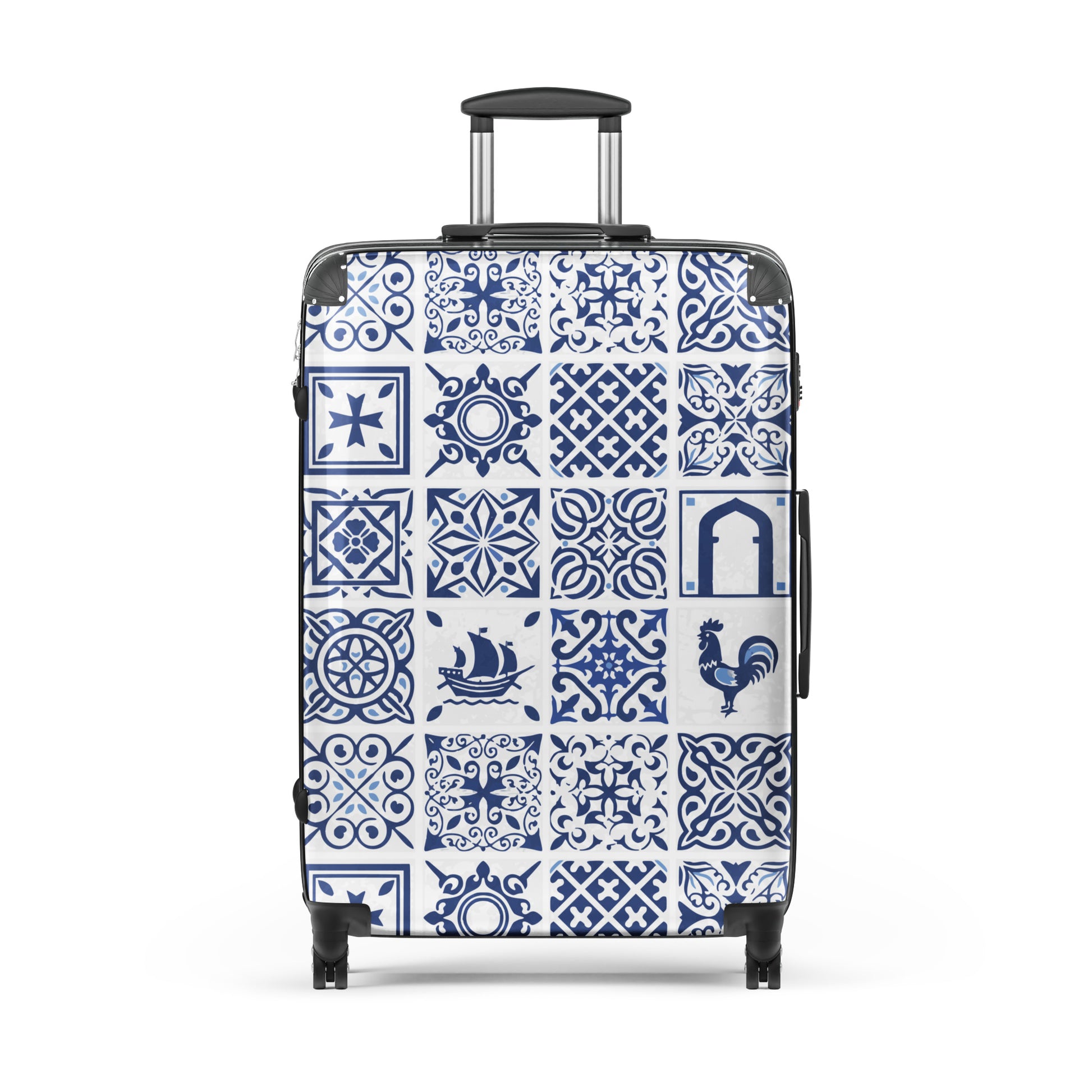 azulejos-portuguese-blue-and-white-tile-inspired-hard-shell-suitcase-large-size-front-view-Dreamy Phoenix