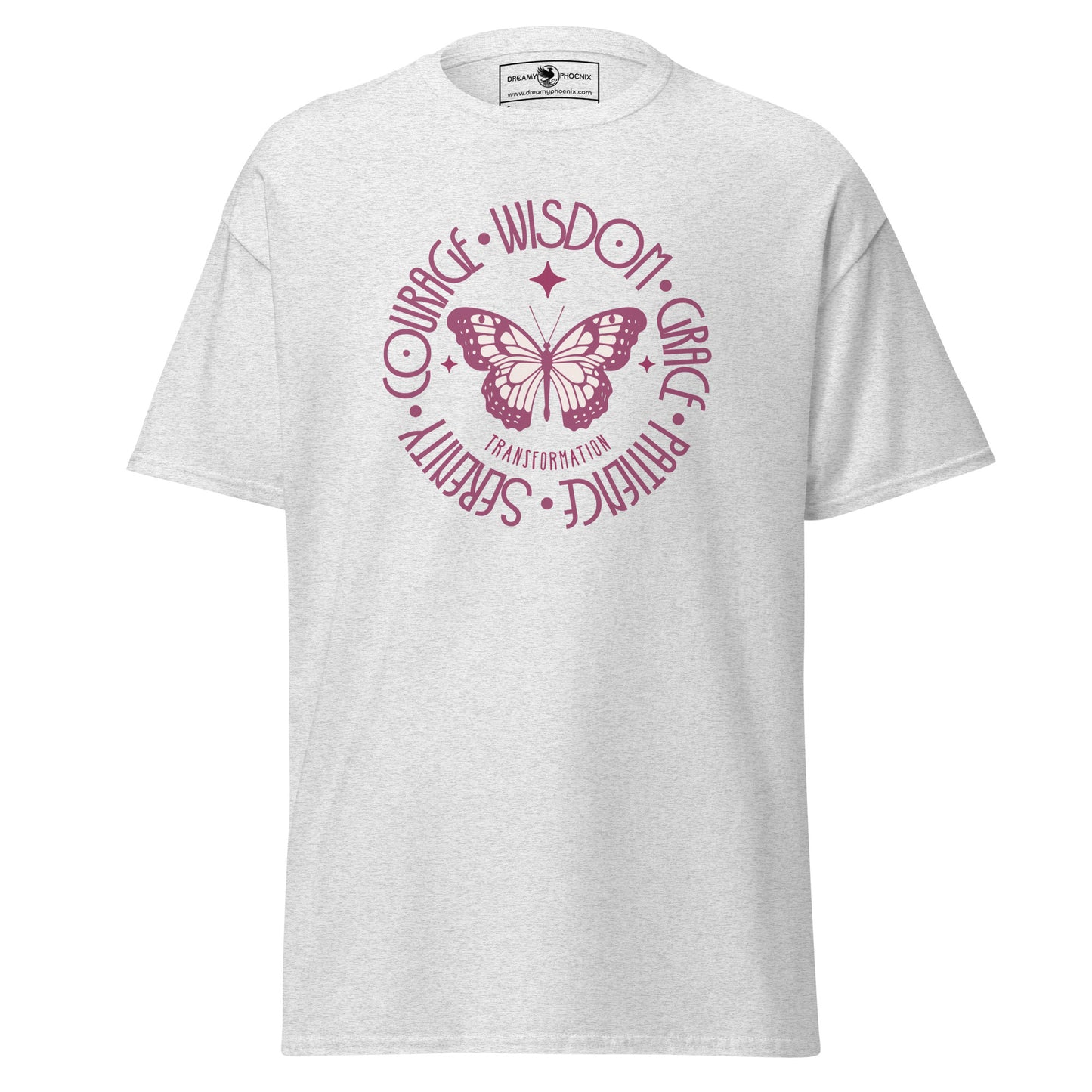 butterfly-transformation-wisdom-courage-grace-patience-serenity-classic-tee-ash-colour-front-view-Dreamy Phoenix