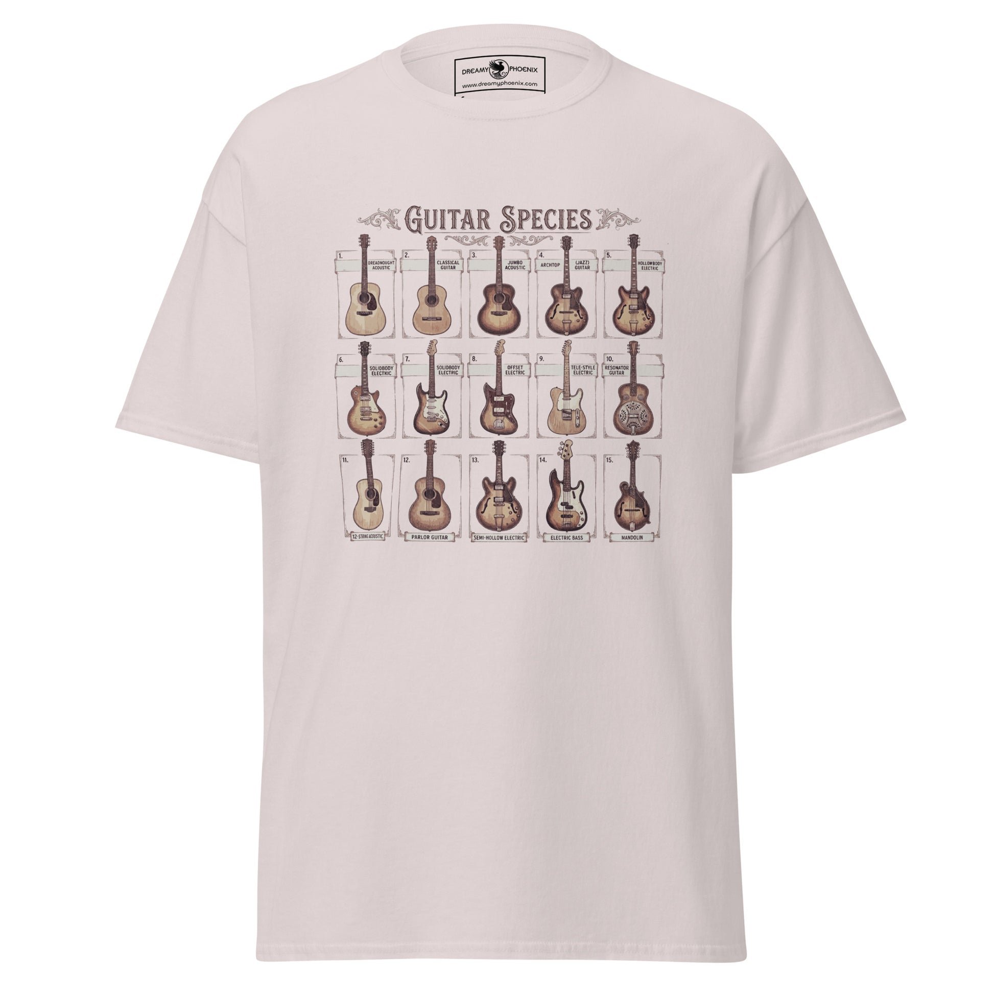 guitar-species-vintage-style-unisex-classic-tee-ice-grey-colour-front-view-Dreamy Phoenix