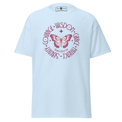 butterfly-transformation-wisdom-courage-grace-patience-serenity-classic-tee-light-blue-colour-front-view-Dreamy Phoenix
