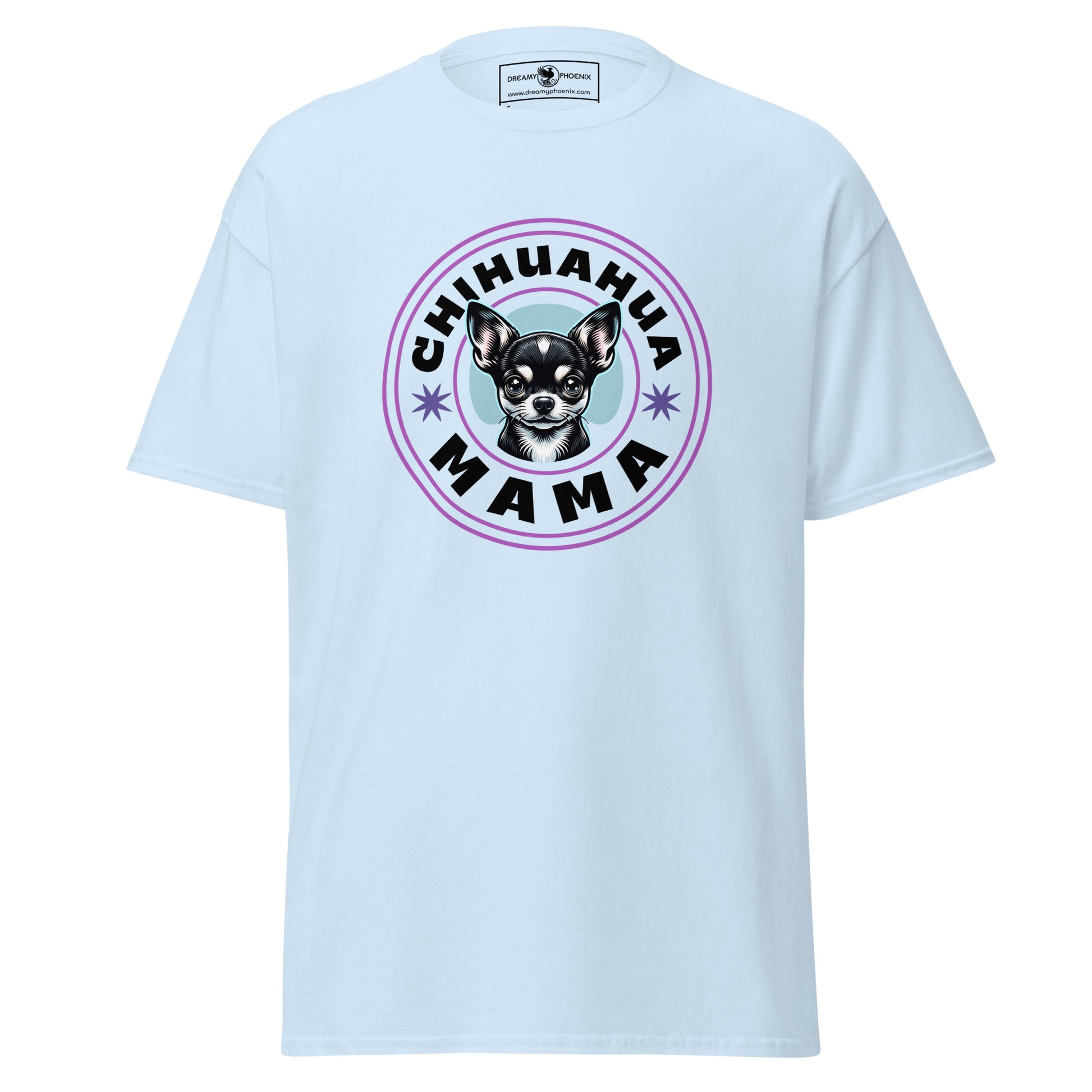 cute black chihuahua-mama-classic-tee light blue colour front view