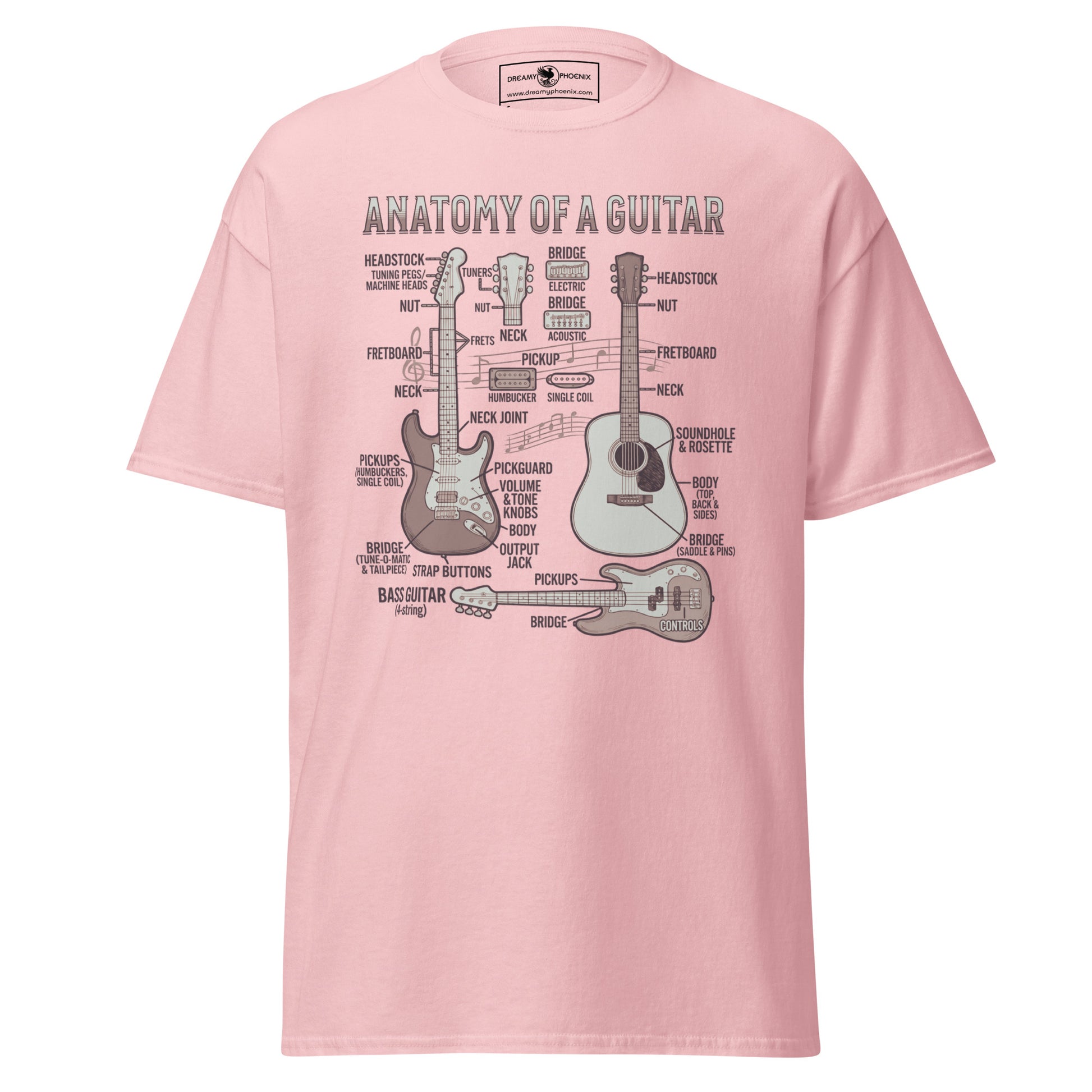 anatomy-of-a-guitar-unisex-classic-tee-light-pink-colour-front-view-Dreamy Phoenix
