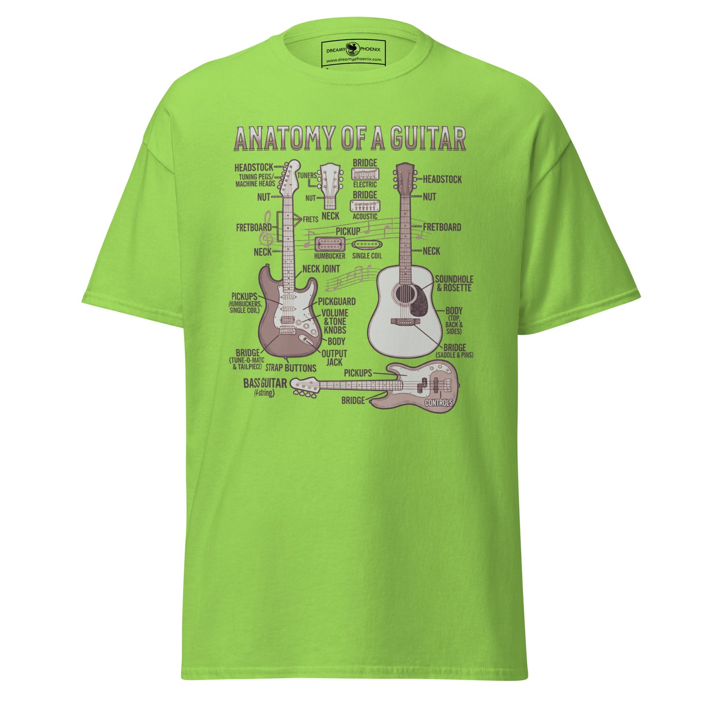 anatomy-of-a-guitar-unisex-classic-tee-lime-green-colour-front-view-Dreamy Phoenix