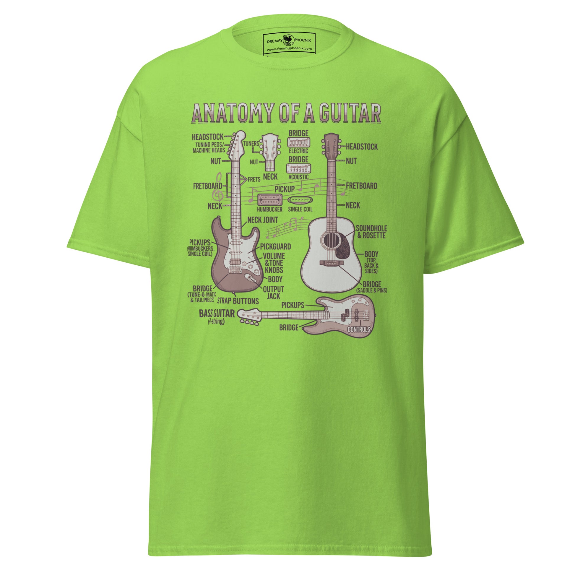 anatomy-of-a-guitar-unisex-classic-tee-lime-green-colour-front-view-Dreamy Phoenix