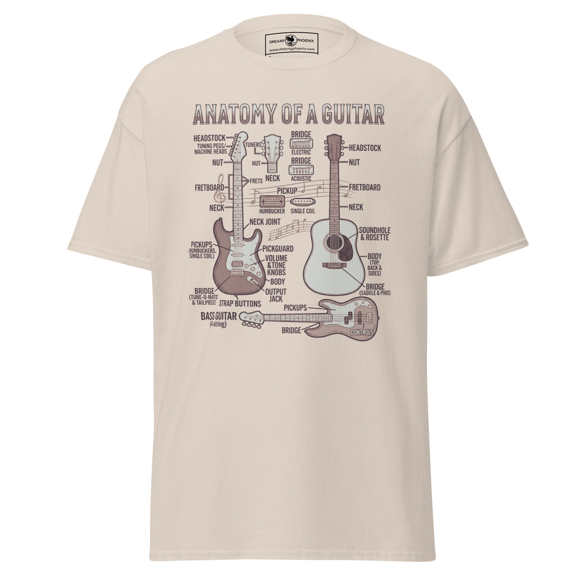 anatomy-of-a-guitar-unisex-classic-tee-natural-colour-front-view-Dreamy Phoenix