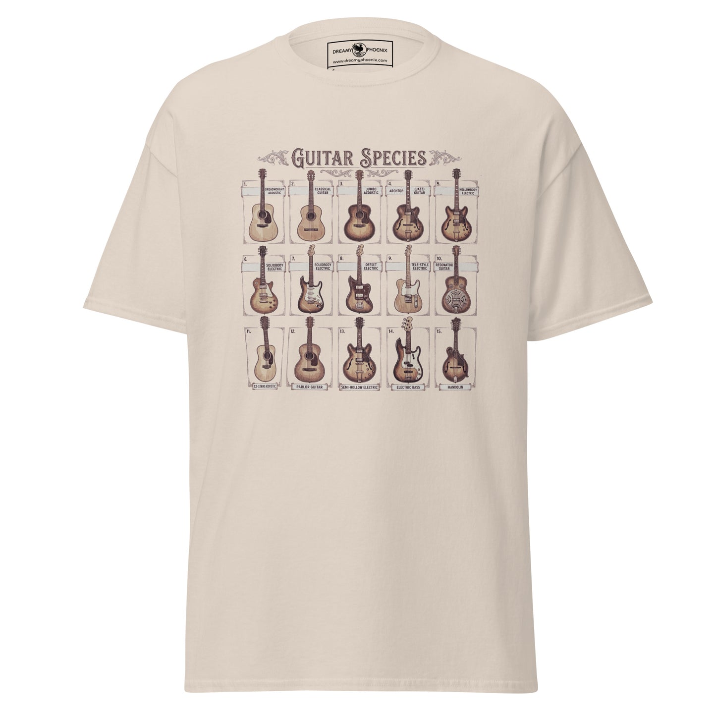 guitar-species-vintage-style-unisex-classic-tee-natural-colour-front-view-Dreamy Phoenix