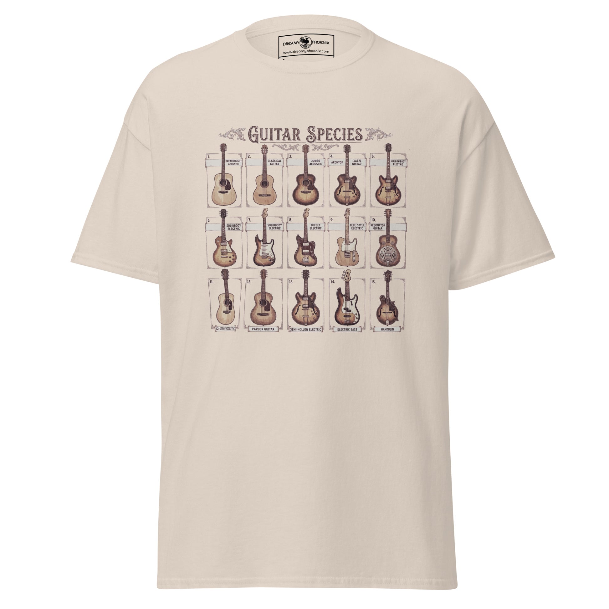guitar-species-vintage-style-unisex-classic-tee-natural-colour-front-view-Dreamy Phoenix