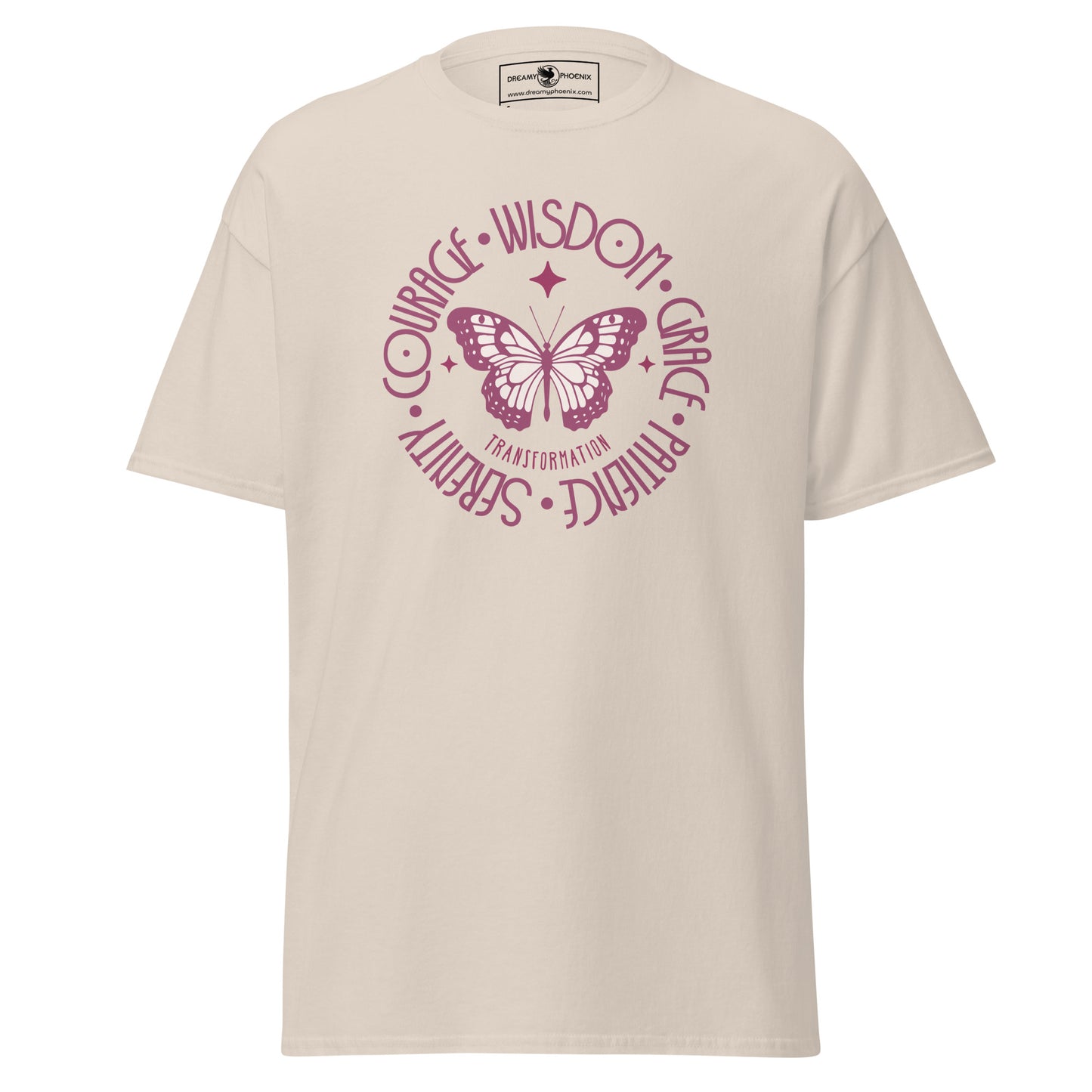 butterfly-transformation-wisdom-courage-grace-patience-serenity-classic-tee-natural-colour-front-view-Dreamy Phoenix