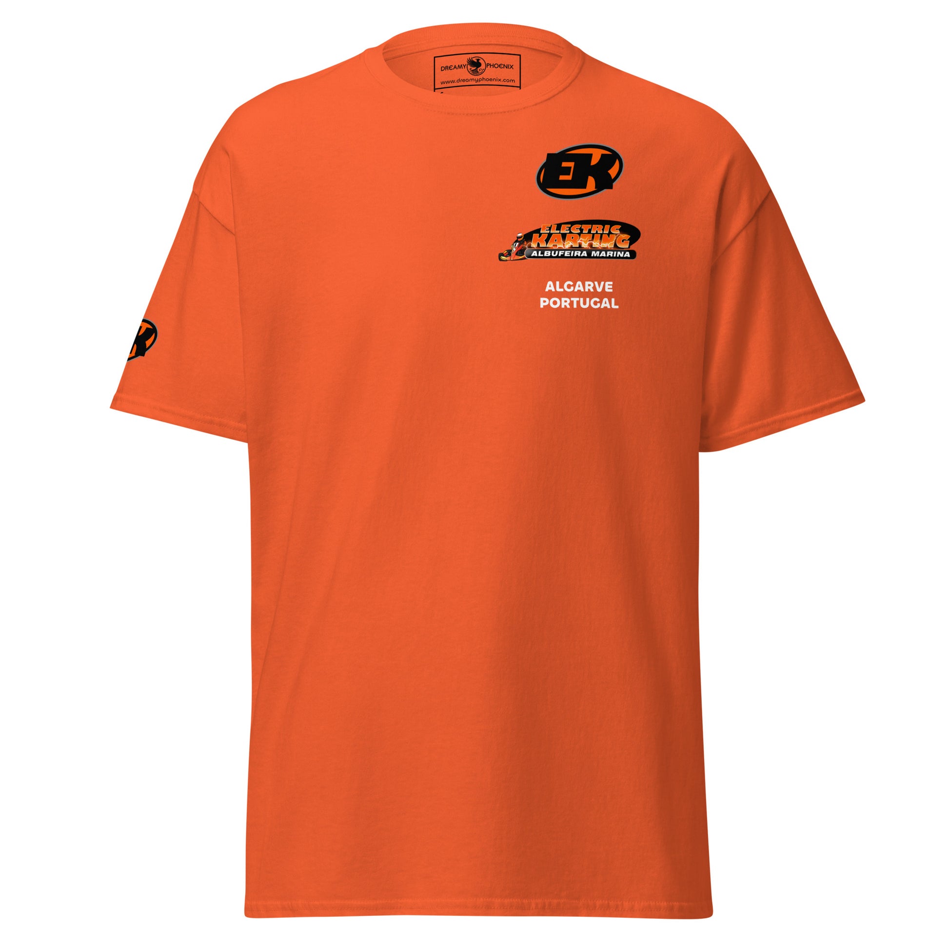 personalised-electric-karting-unisex-classic-tee-orange-colour-front-view-Dreamy Phoenix