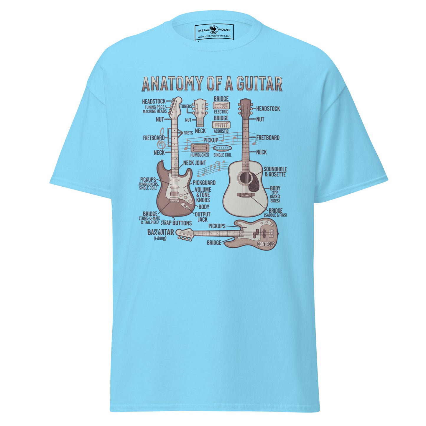 anatomy-of-a-guitar-unisex-classic-tee-sky-blue-colour-front-view-Dreamy Phoenix