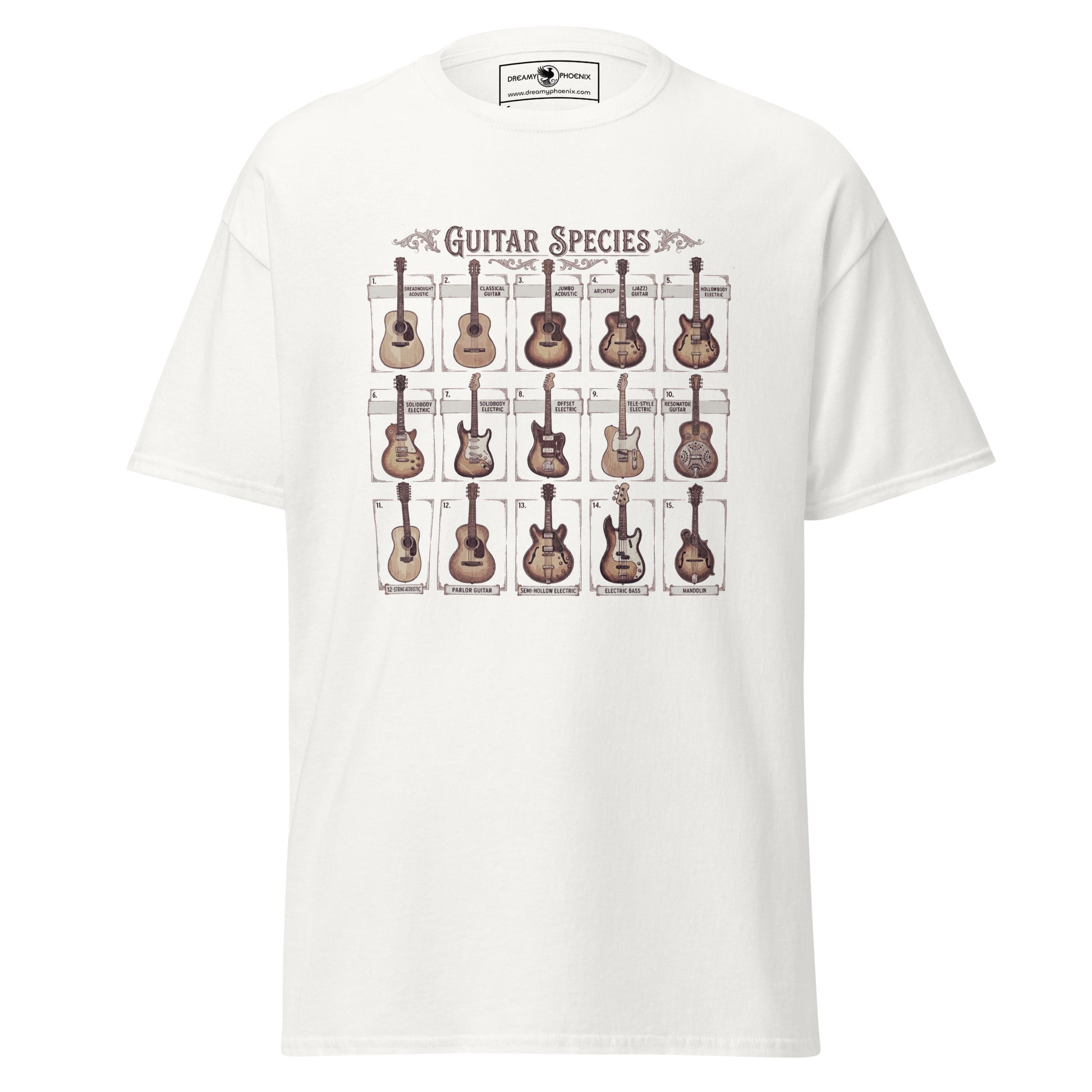 guitar-species-vintage-style-unisex-classic-tee-white-colour-front-view-Dreamy Phoenix
