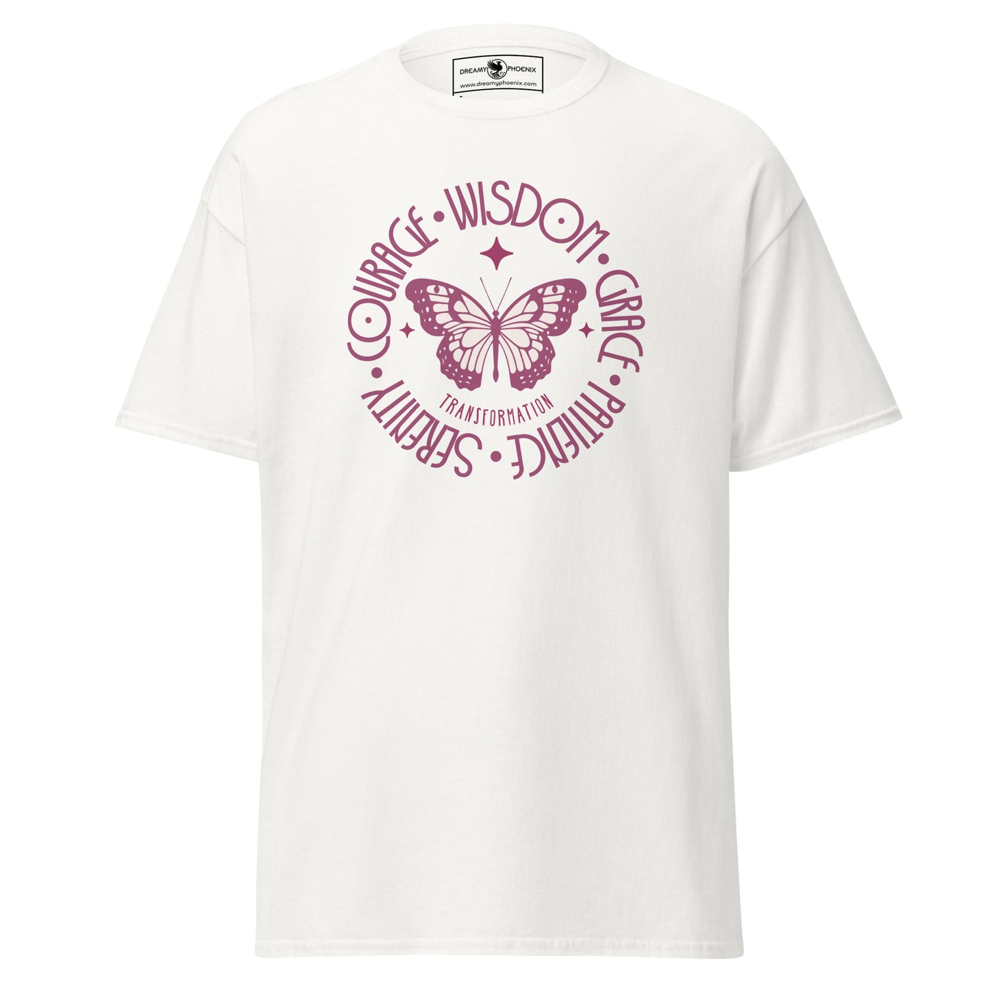 butterfly-transformation-wisdom-courage-grace-patience-serenity-classic-tee-white-front-view-Dreamy Phoenix