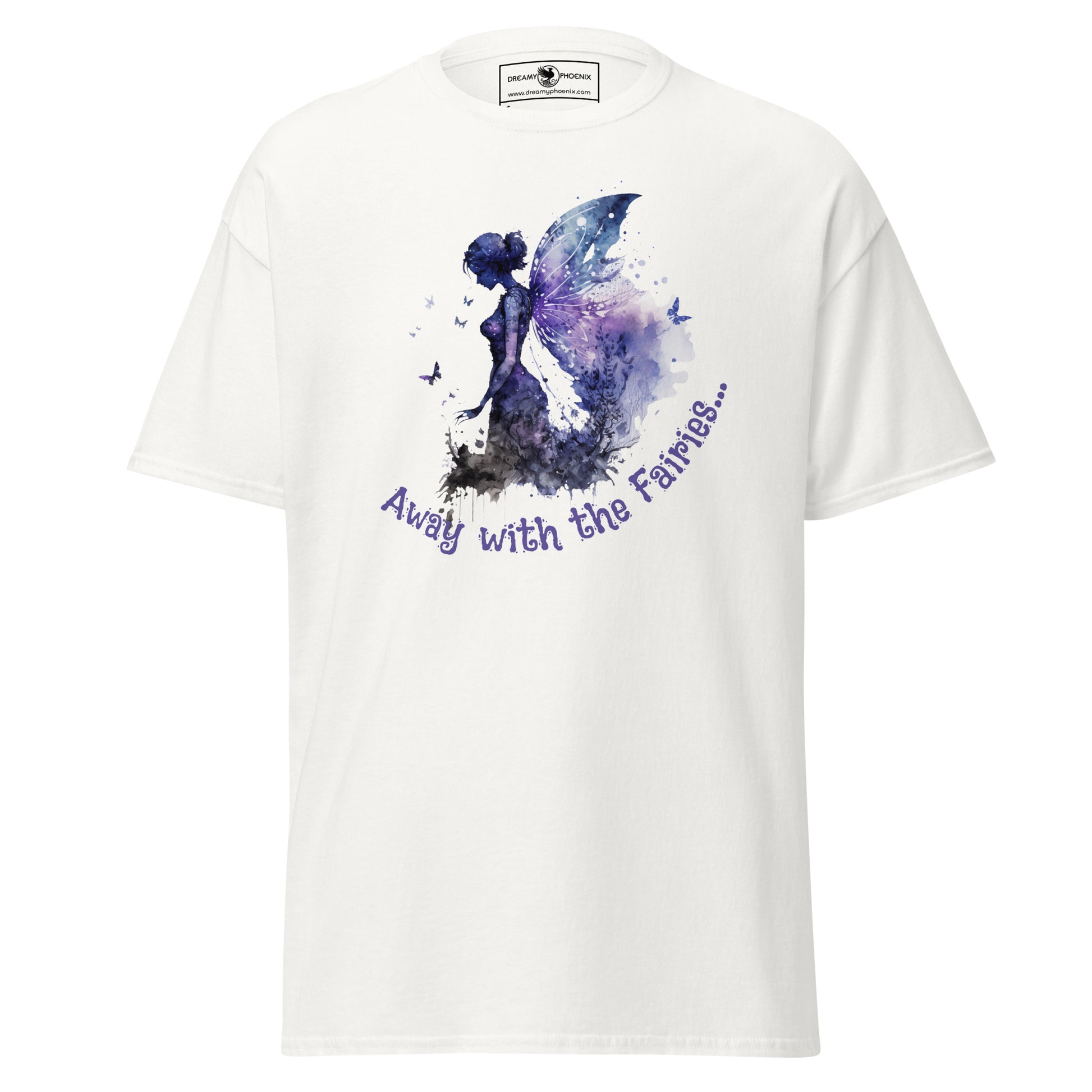 away-with-the-fairies-whimsical-unisex-classic-tee-purple-on-white-front-view-Dreamy Phoenix
