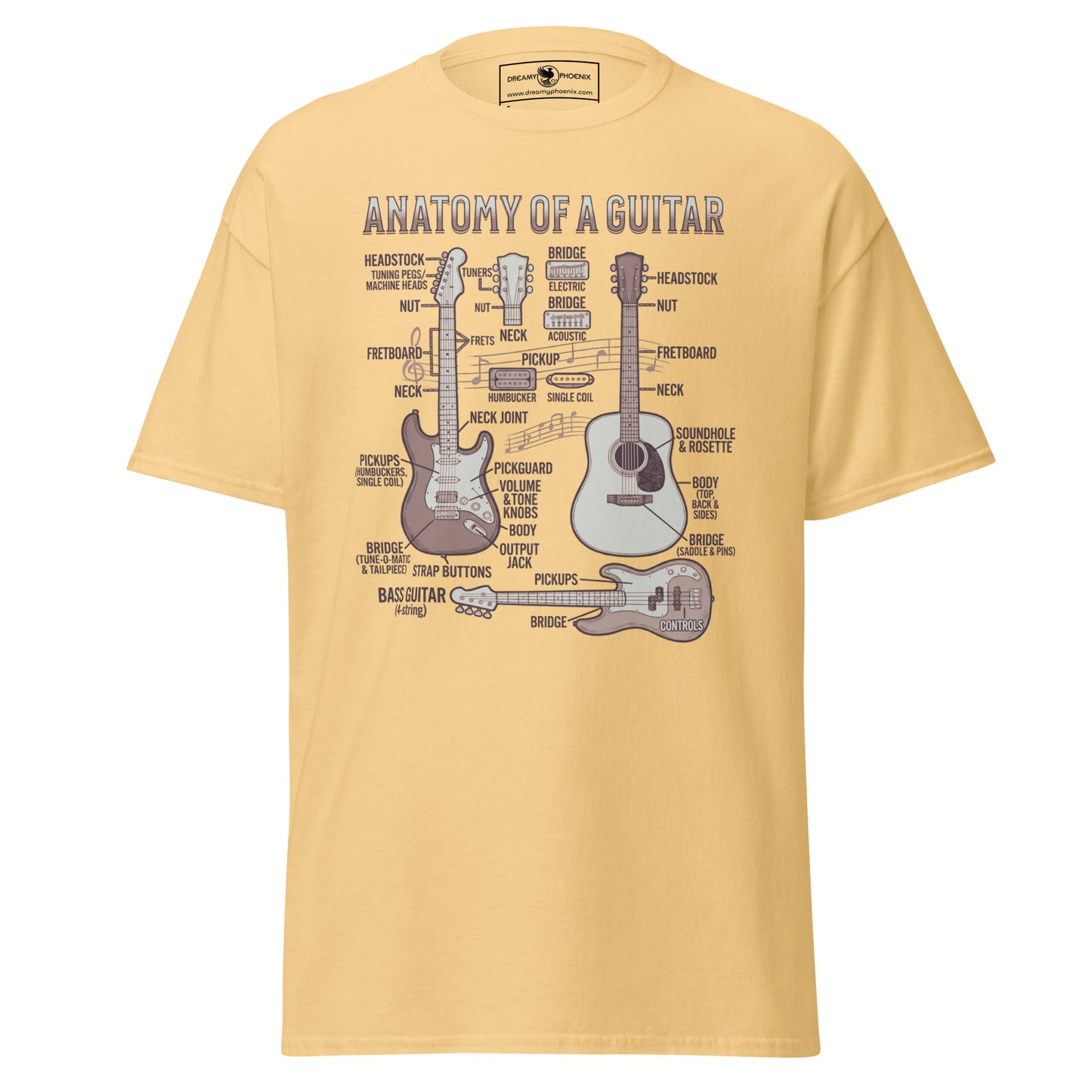 anatomy-of-a-guitar-unisex-classic-tee-yellow-haze-colour-front-view-Dreamy Phoenix