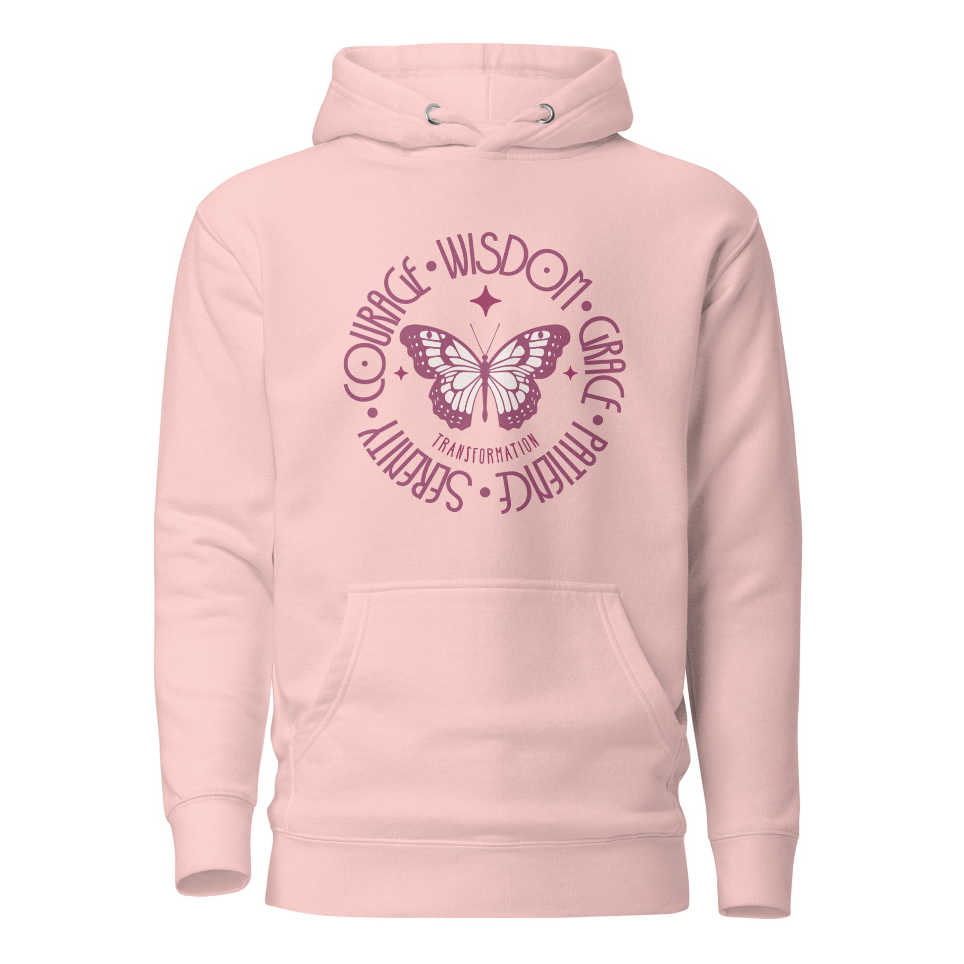 butterfly-transformation-courage-wisdom-grace-patience-serenity-unisex-premium-pullover-hoodie-light-pink-front-view-Dreamy Phoenix