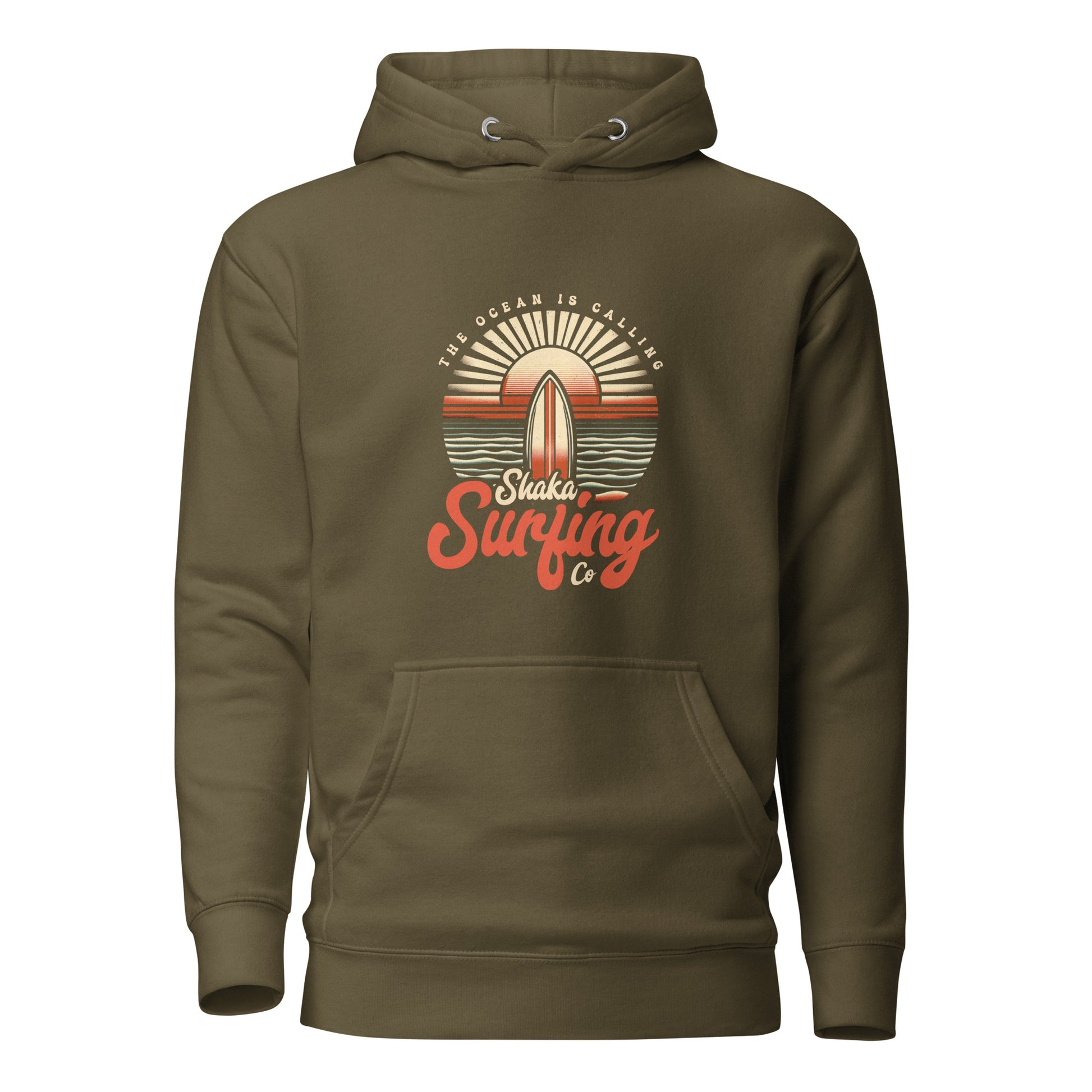 shaka-surfing-co-unisex-premium-pullover-hoodie-militery-green-front-view-Dreamy Phoenix