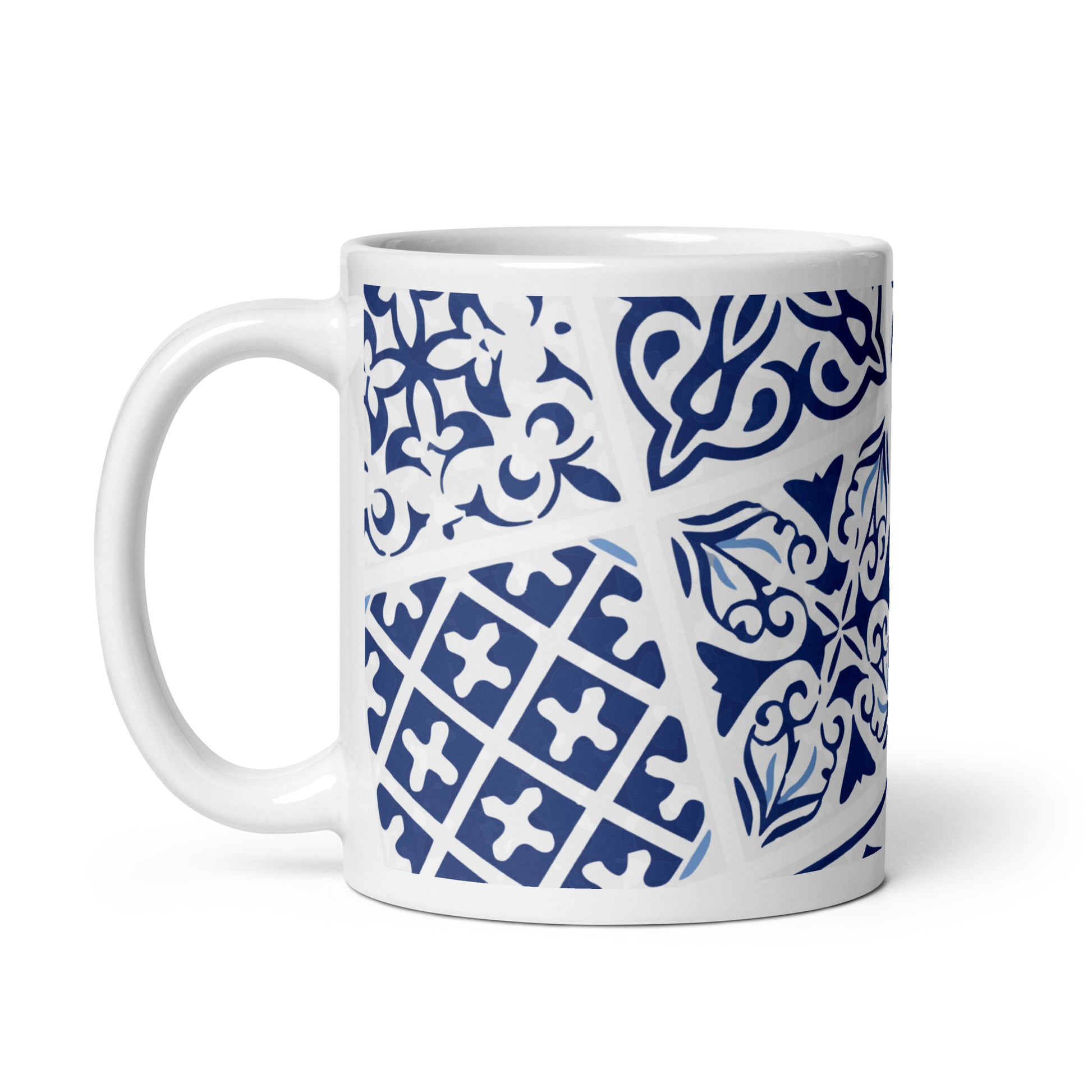 Azulejos-blue-portuguese-ceramic-tile-inspired-white-glossy-mug-white-11-oz-handle-on-left-Dreamy Phoenix