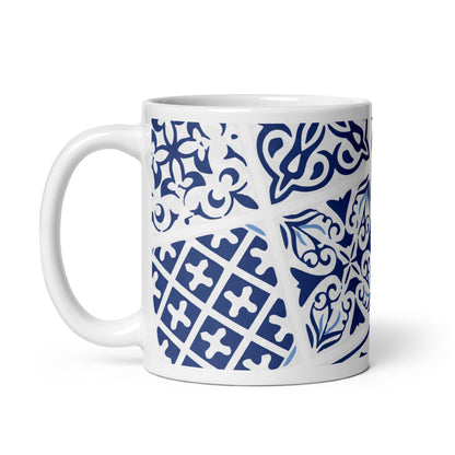 Azulejos-blue-portuguese-ceramic-tile-inspired-white-glossy-mug-white-11-oz-handle-on-left-Dreamy Phoenix